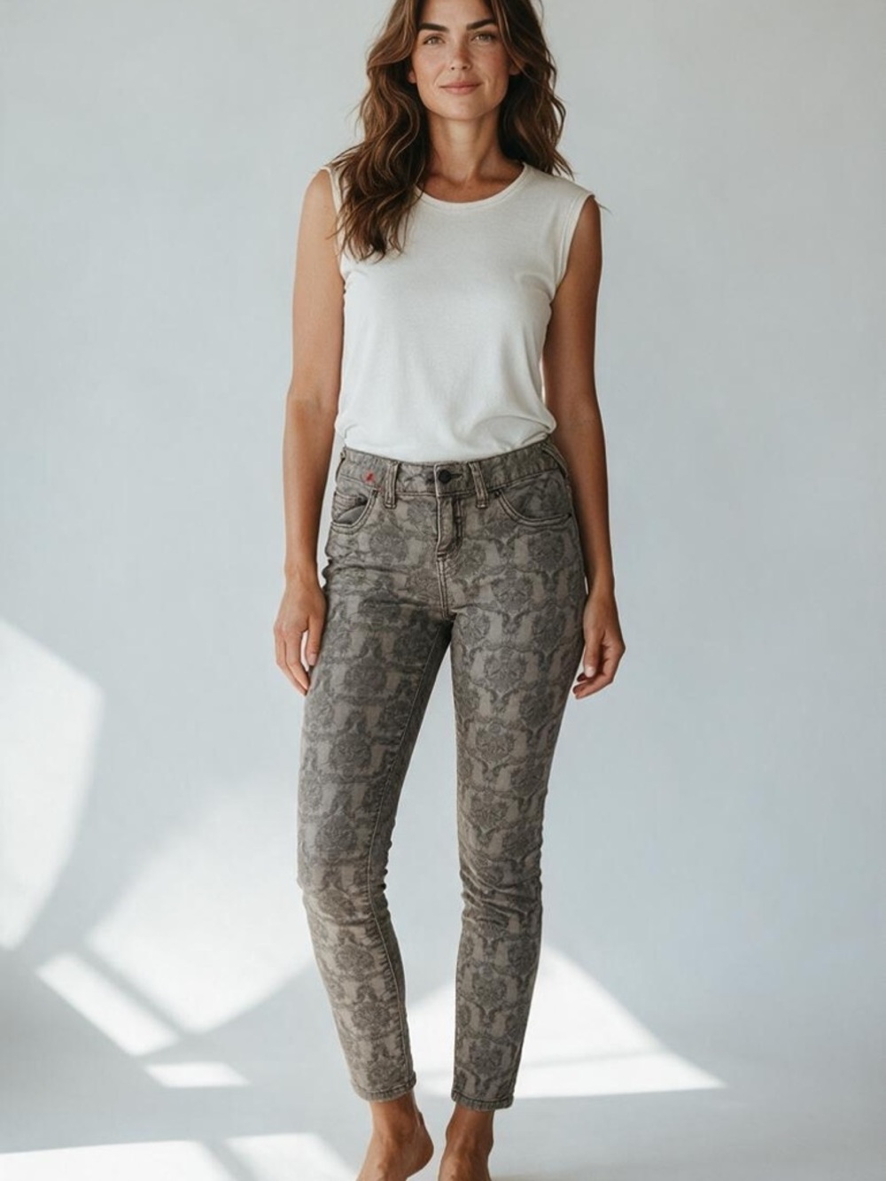 Free People Gray Snake-Print Skinny Jeans